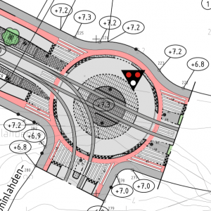 Hyvä liikenneympyrä on ympyrä myös pyöräliikenteelle. Ote Helsingin Rakennusviraston katusuunnitelmasta 29640/1.